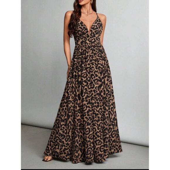 V-Neck Cross Backless Leopard Print Tall Dress Cocktail Summer‎ Resort Babydoll - Picture 1 of 13